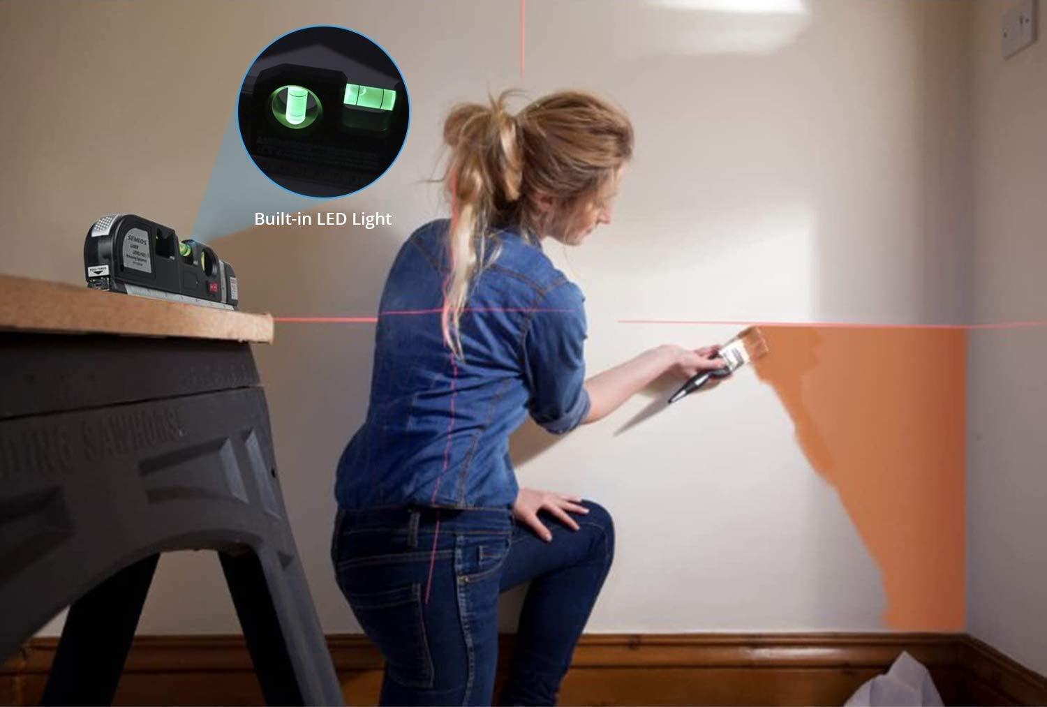 Nível a laser multifuncional Semlos, níveis de bolha, fita métrica, régua padrão e métrica (250 cm)